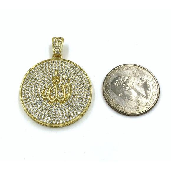 Allah Pendant 925 Sterling Silver Gold Tone Mens Charm CZ - Picture 2 of 3